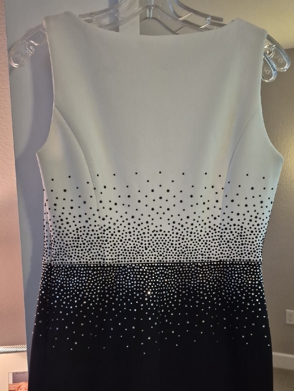 Calvin Klein Black and White Midi Sheath Dress with Rhinestone Gradient
